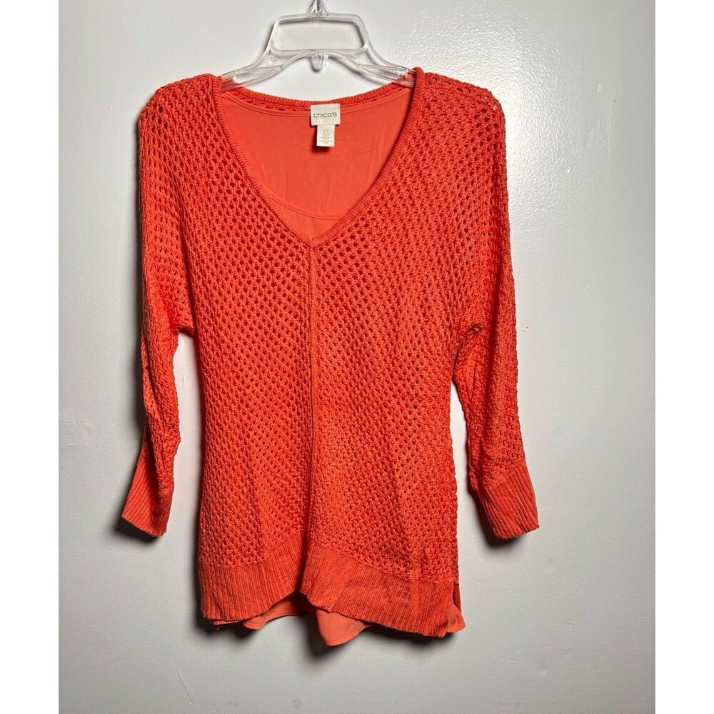 Chico's Women’s S Orange Open-Knit V-Neck 3/4 Sleeve Pullover Lined Sweater